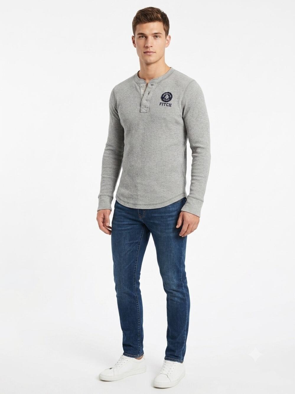 VTG Abercrombie & Fitch Henley Shirt Mens XL Heather Gray Knit Long Sleeve Logo